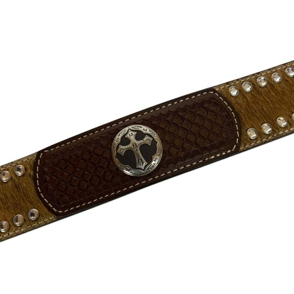 3D Belt Co Mens Western Sz 38 Handcrafted Leather Hide Studs Cross Conchos - Picture 3 of 6